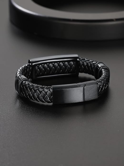 ChainsHouse Mens Wrap Braided Leather Black Bead Bracelets Bangles, Vintage Star of David/Wing Skull/Templar Cross Genuine Leather Bracelet, Customize Available, Size 7.5/8.3/9.0 Inch, Send Gift Box