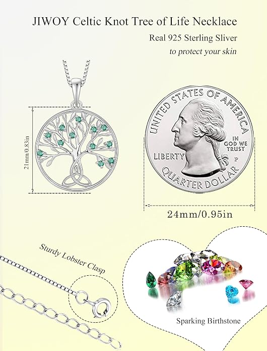 Celtic Knot Tree Necklace 925 Sterling Silver Tree of Life Pendant Birthstone Jewelry for Women