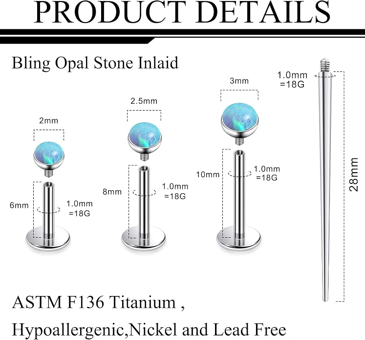 Ruifan Titanium Flat Back Lip Rings Externally Threaded Earrings Studs Nose Rings 20G 18G 16G Jeweled Round Opal Tragus Cartilage Lobe Rook Helix Conch Labret Medusa Piercing Jewelry for Women Men