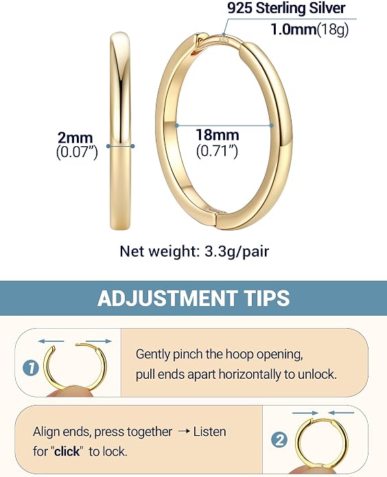 PROSTEEL Hoop Earrings for Women, Huggie Hoop with 925 Sterling Silver Post, 8/10/12/14/16/18/20mm Small Huggie Hoops, 14K Gold Plated/Silver/Black/Rose Gold Hypoallergenic Earrings Jewelry