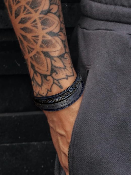 Mens Leather Cross Bracelet Multilayer Braided Wristband Bangle Bracelets with Stainless Steel Buckle Religious Gift for Men Brown/Black/Blue–8.3 inch