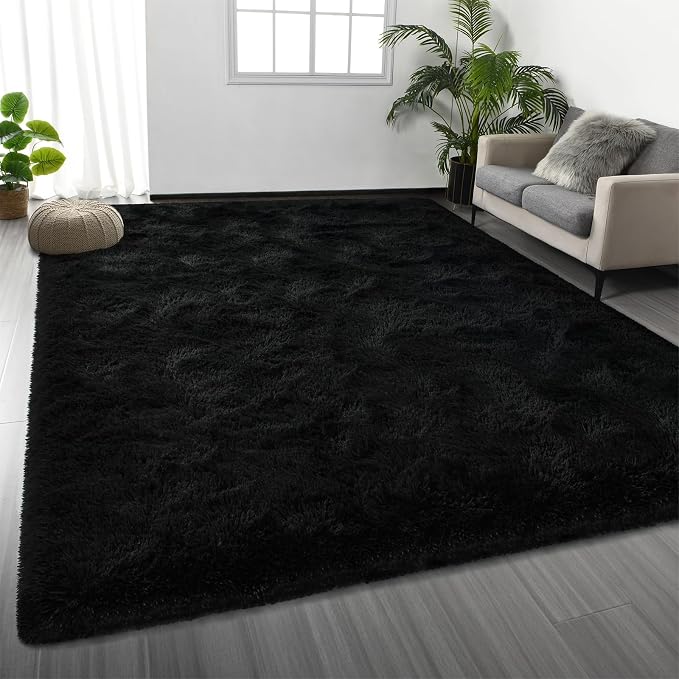 Deerhoo Large Shag Area Rugs 8 x 10, Tie-Dyed Plush Fuzzy Rugs for Living Room, Ultra Soft Fluffy Furry Rug for Bedroom, Indoor Carpet Nursery Rugs for Kids Room Home Decor, Black