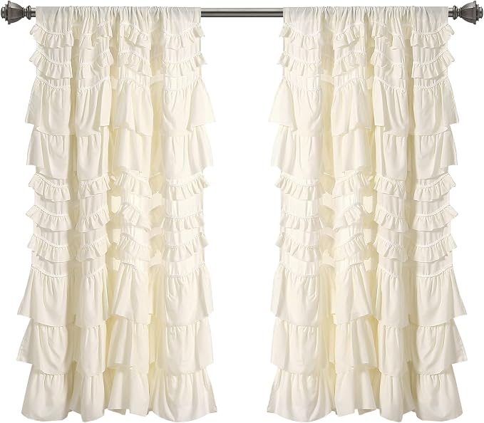 Lush Decor Kemmy Light Filtering Window Curtain Panel Single 52" W x 63" L Ivory - Drapes - Ruffled Curtains for Bedroom - Cream Curtains - Coquette Decor