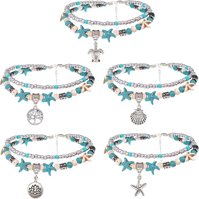 Suyi 5pcs Ankle Bracelets for Women Layered Beach Adjustable Anklets Boho Chain Anklet Foot Jewelry