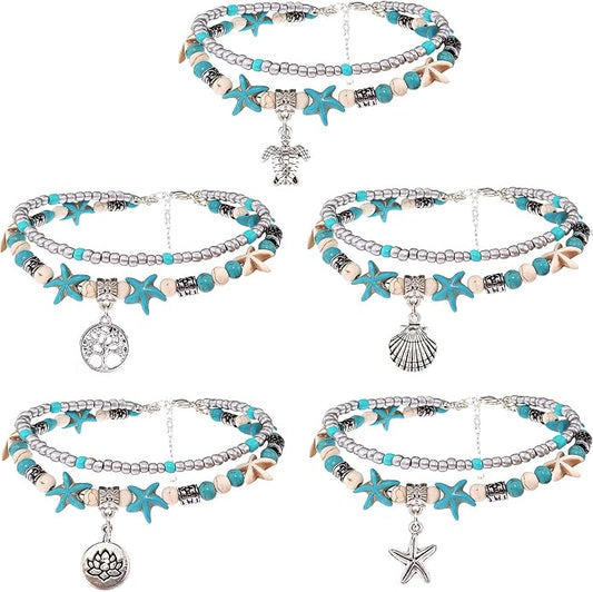 Suyi 5pcs Ankle Bracelets for Women Layered Beach Adjustable Anklets Boho Chain Anklet Foot Jewelry