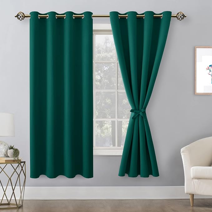 Hiasan Blackout Curtains for Bedroom, 52 x 63 Inches Length - Thermal Insulated & Energy Saving Window Curtains for Living Room, 2 Drape Panels Sewn with Tiebacks, Hunter Green