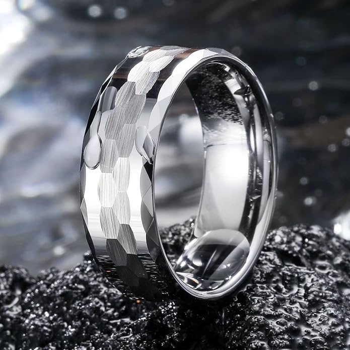King Will Hammered 8mm Silver Tungsten Ring Hammer Men Wedding Band Comfort Fit
