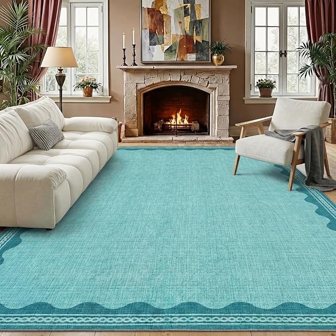 GarveeHome Scalloped Teal Washable Rugs 8x10 Rug for Living Room Solid Modern Minimalism Soft Low-Pile Carpet for Bedroom Dining Nursery Non Slip TPE Backing