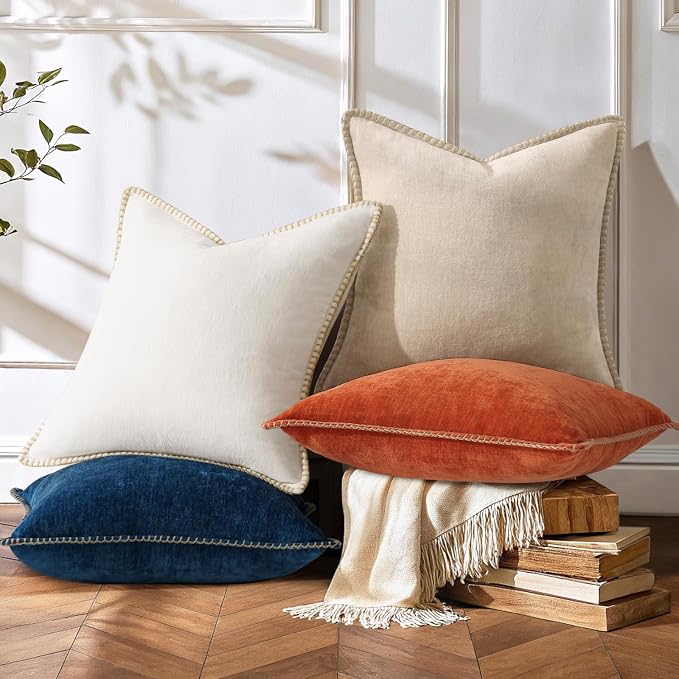 decorUhome Fall Soft Decorative Chenille Throw Pillow Covers 20x20 Set of 4 | Beige Rust Cozy Decorative Modern Farmhouse Neutral Pillow Cases with Stitched Edge for Couch Sofa Bed Living Room Home Decor