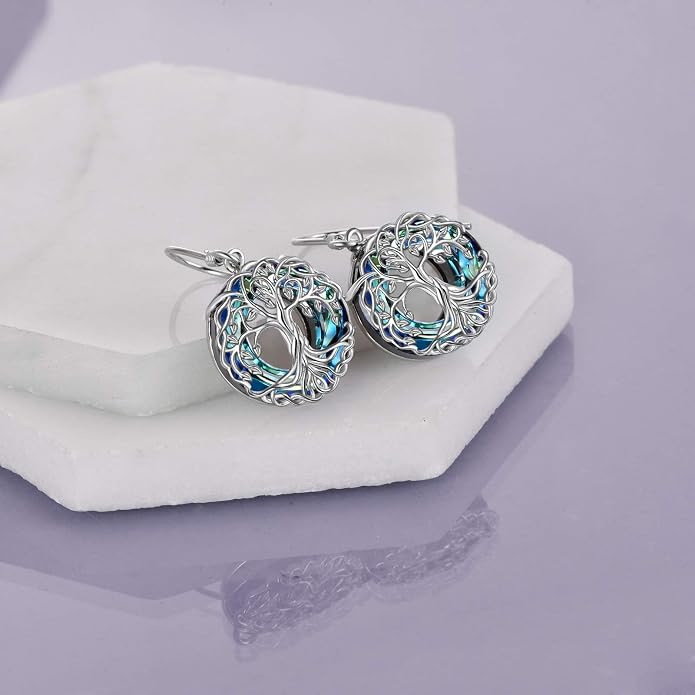 POPLYKE Celtic Tree of Life Earrings for Women Sterling Silver Family Tree Abalone Shell/Volcano Crystal Dangle Earrings Jewelry
