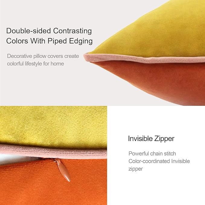 Velvet Throw Pillow Covers 18x18 Inch Set of 4 Decorative Velour Pillowcases Double-Colored Cushion Covers for Sofa Couch,Warm-Edge