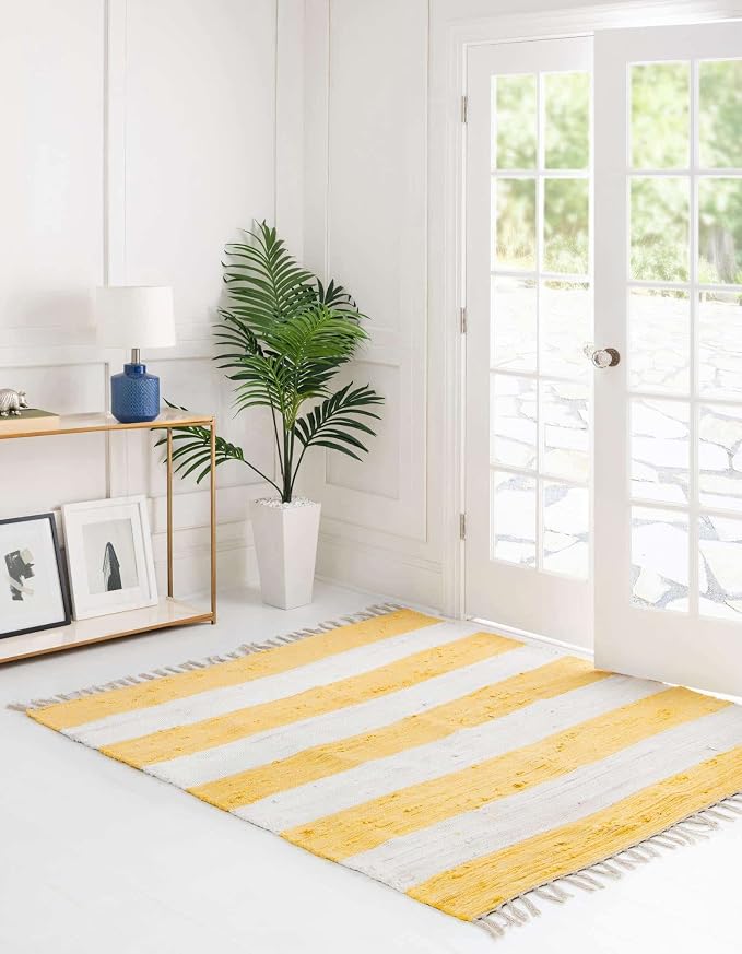 Unique Loom Chindi Rag Collection Area Rug - Striped (5' 1" Square, Yellow and Ivory)