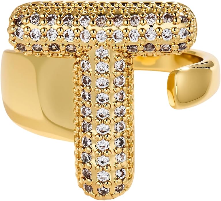 Cicy Bell Initial Rings for Women 14k Gold Plated Cubic Zirconia Delicate Letter Chunky Statement Open Rings Gifts for Her