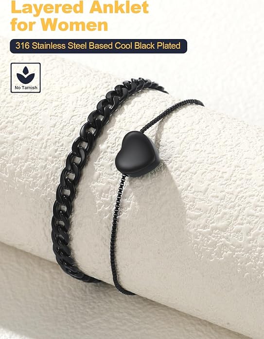 U7 2Pcs/3Pcs Ankle Bracelets for Women, Stainless Steel Cuban Link/Figaro/Rope/Heart Chain Anklets Sets,Waterproof Layered Anklets Adjustable 8.5"-10.5"