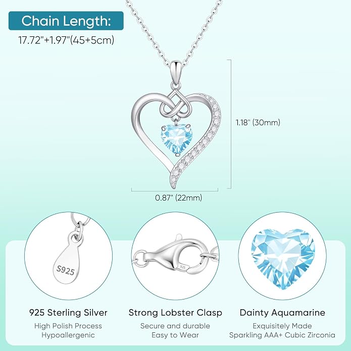 925 Sterling Silver Birthstone Heart Necklace for Women - Infinity Love Pendant with Cubic Zirconia, 12 Colors, Valentine's Day Gift for Her, 12 Months, Birthday Anniversary Christmas Jewelry Gifts