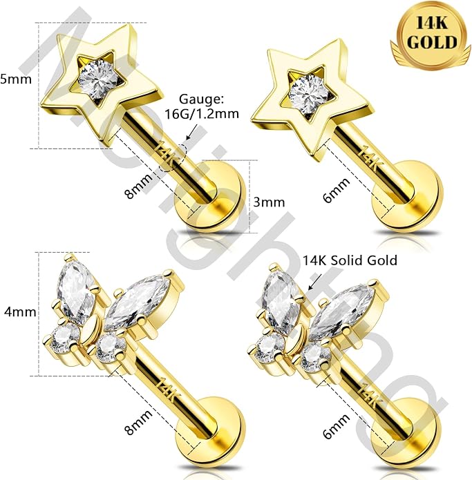 Melighting 14k Solid Gold Cartilage Earring 16G Internally Threaded Butterfly Flat Back Helix Piercing Jewelry Clear CZ Tragus Conch Stud for Women 6/8 mm