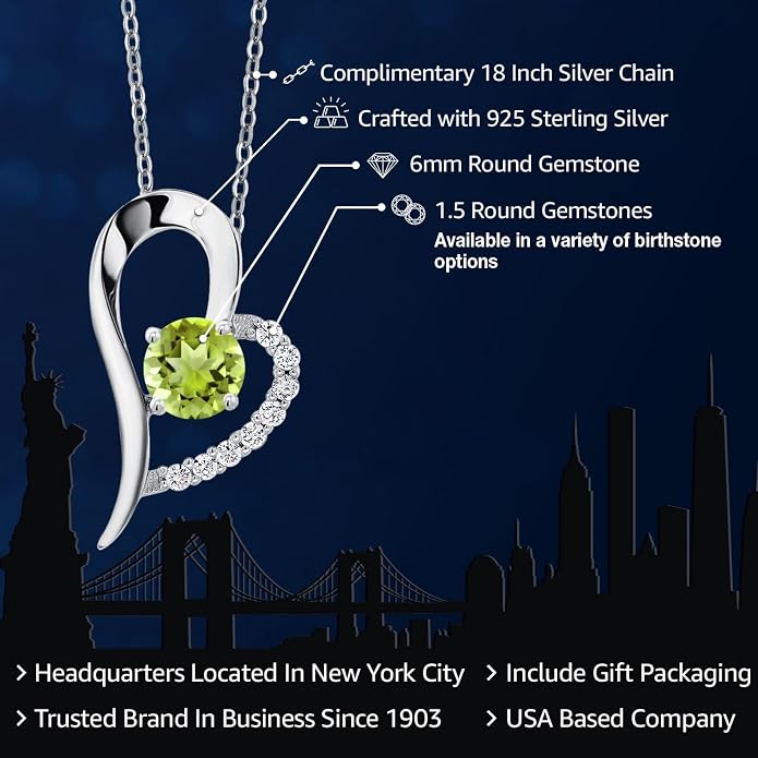 Gem Stone King Heart Shape Pendant Necklace For Women | 925 Sterling Silver | 6MM Round Gemstone Birthstone | Heart Necklace For Women | With 18 Inch Silver Chain