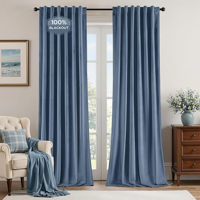 HOMEIDEAS 100% Blackout Blue Velvet Curtains, Thermal Noise Reduction Soft Luxury Vintage Christmas Velvet Curtains for Bedroom Decor, Living Room, Home, 52 X 108 Inch, 2 Panels