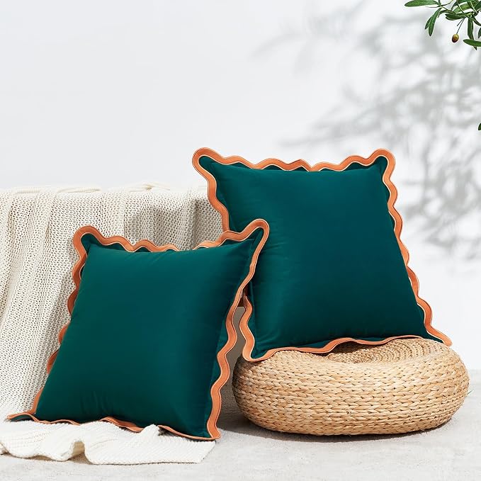 MONDAY MOOSE Decorative Throw Pillow Covers Cushion Cases, Set of 2 Soft Velvet Scalloped Wavy Edge Designs, Mix and Match for Home Decor, Pillow Inserts Not Included (20x20 inch, Coral/Dark Teal)