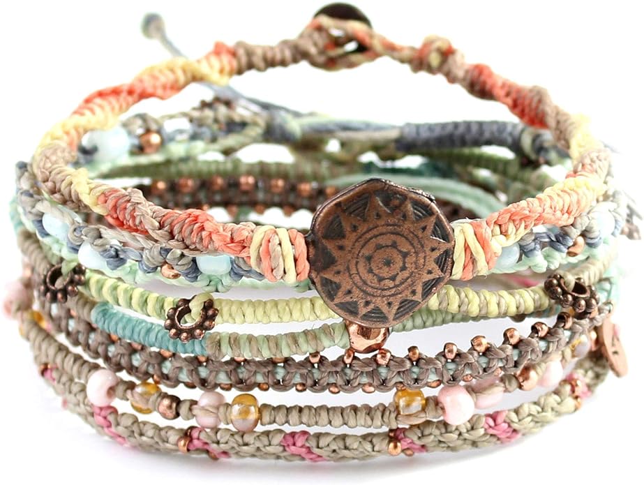 Wakami Earth Charm Bracelet Stack | Braided Beaded Stackable Bracelets for Women | Waterproof Fair Trade Handmade Boho Jewelry for Women and Men