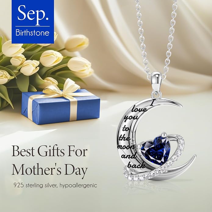Distance I Love You to The Moon and Back Necklace for Women, S925 Sterling Silver Forever Love Heart Birthstone Necklace, Anniversary Birthday Jewelry for Wife Lover