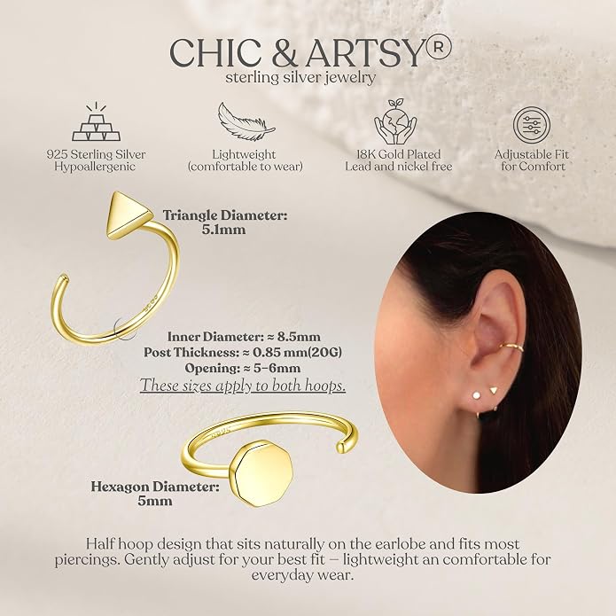 CHIC & ARTSY 925 Sterling Silver Half Hoop Earrings for Women, Small Huggie Hoops Set with Ball Bar Star Moon Cross & Pearl, Lightweight Comfort Fit Everyday & Sleep Earrings