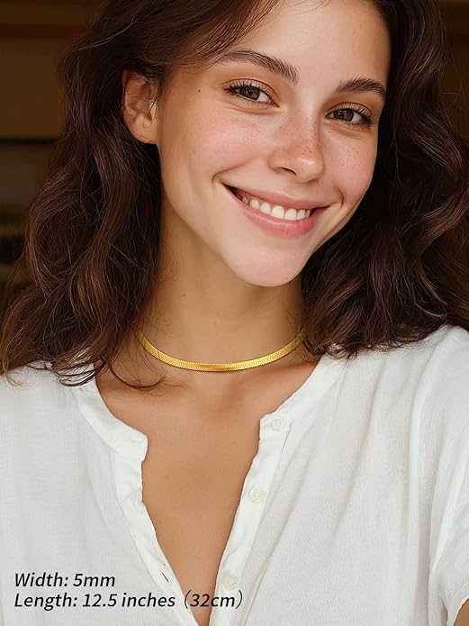FindChic Black/14K Gold Plated Herringbone Choker Chain Necklace for Women | Waterproof Stainless Steel, Dainty Layering, Flat Snake Chain, Non-Tarnish, Hypoallergenic, Adjustable Extender, Gift Box