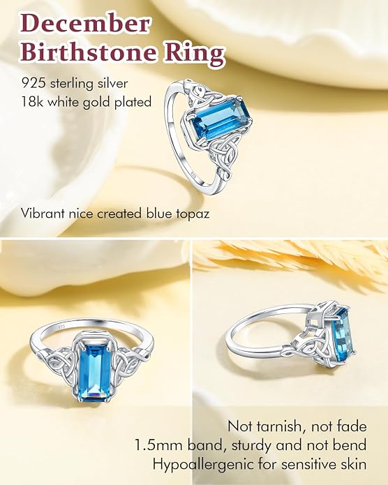 DAYBYDAY Celtic Birthstone Rings for Women, 925 Sterling Silver/18K Gold Plated Emerald Cut Celtic Knot Engagement Wedding Ring, Square Created Gemstone Promise Rings for Her Size 6-10
