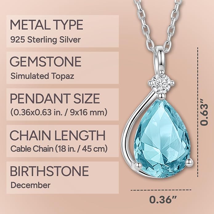 ADITA GOLD Birthstone Necklace for Women, 925 Sterling Silver Teardrop Pendant, Simulated Gemstone, Birthstone Jewelry