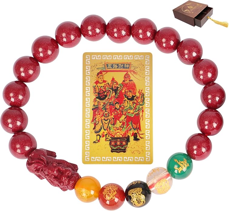 Five Roads Wealth God Cinnabar Pixiu Bracelet - Feng Shui Red String Bracelet for Good Luck & Money Attraction, Fortune Blessing for Men & Women, Adjustable Lucky Charm Bracelet (Classic & Cinnabar Options, 8/10/12mm)