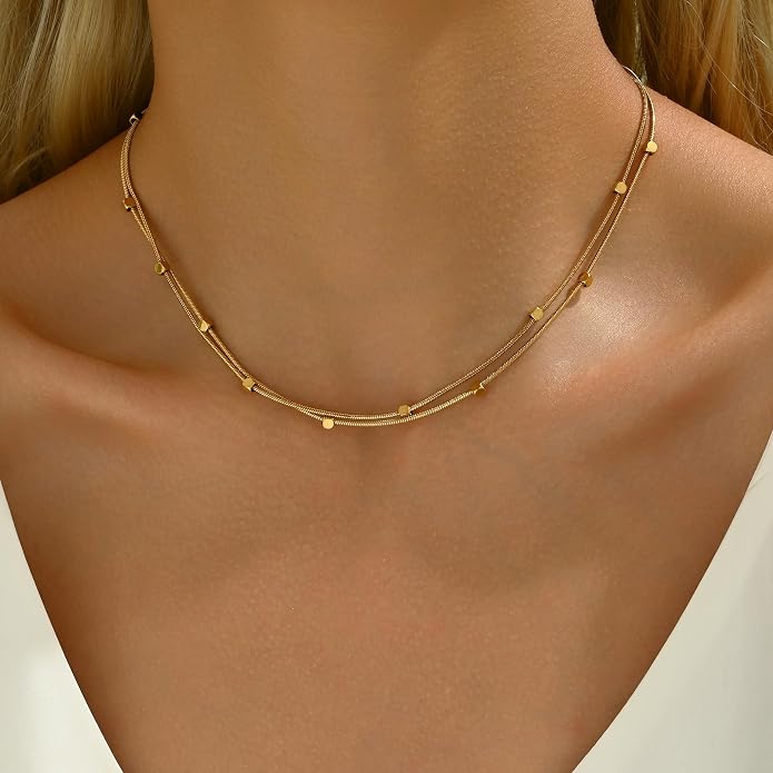 18K Gold Plated Layered Herringbone Necklaces for Women Dainty Layering Beaded Snake Chain Choker Moon Coin Pendant Necklace Trendy Stainless Steel Jewelry