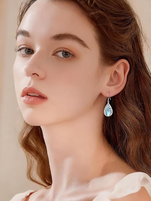 Dorunmo Moonstone Dangle Drop Earrings s925 Sterling Silver Leverback Earrings Filigree Moonstone Jewelry Birthday Gifts for Women