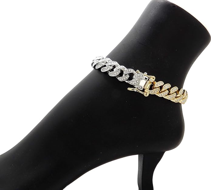 Fashion 21 Women's Stone Filled 10mm, 12mm Various Length Box Lock Cuban Chain Anklet
