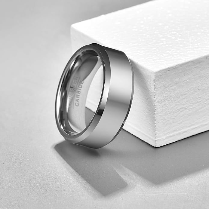 Vakki Tungsten Ring for Men 4mm 6mm 8mm Silver Plain Engagement Wedding Band High Polish Finish and Beveled Edges Comfort Fit Size 5-12