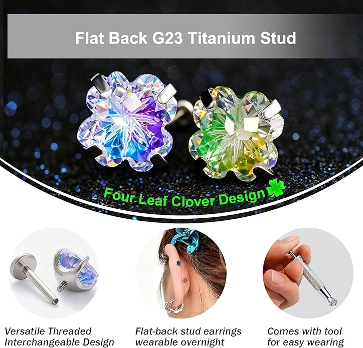 Flat Back Titanium Stud Earrings, Hypoallergenic G23 Titanium Cubic Zirconia Piercing, Versatile Eyebrow Lip Labret Cartilage Helix Sleeper 18G Jewelry for Women Men