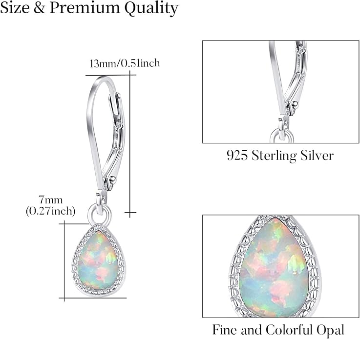 Teardrop Leverback Drop Dangly Earrings, 925 Sterling Silver with Opal/Moonstone Hypoallegenic for Sensitive Ears Jewelry Gift for Women Girlfriend with Gift Box