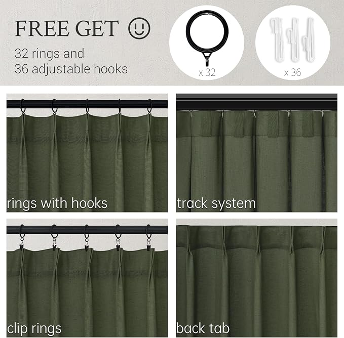 Topfinel Pinch Pleated Curtains 90 Inches Long 2 Panels Set,Olive Green Semi Sheer Cotton Blend Fabric Aesthetic Advanced Curtain Drapes for Living Room Bedroom,72x90 inch Length