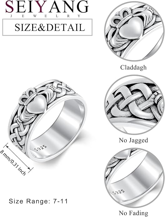 Seiyang Claddagh Ring 925 Sterling Silver Celtic Ring Jewelry Irish Band Gift for Men Women (with Gift Box)