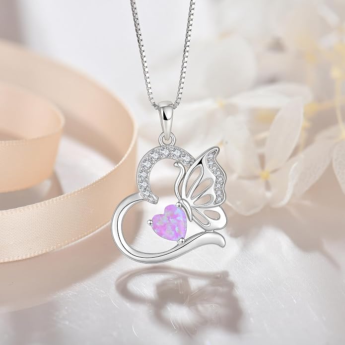 Butterfly Necklace for Women 925 Sterling Silver Heart Pendant Birthstones Jewelry Gift