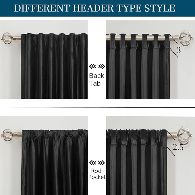 PRIMROSE Black Curtains 63 inch for Living Room Velvet Drapes Blackout Rod Pocket Back Tab Window Treatment Semi Room Darkening Decor Curtains for Bedroom Set of 2 Panels