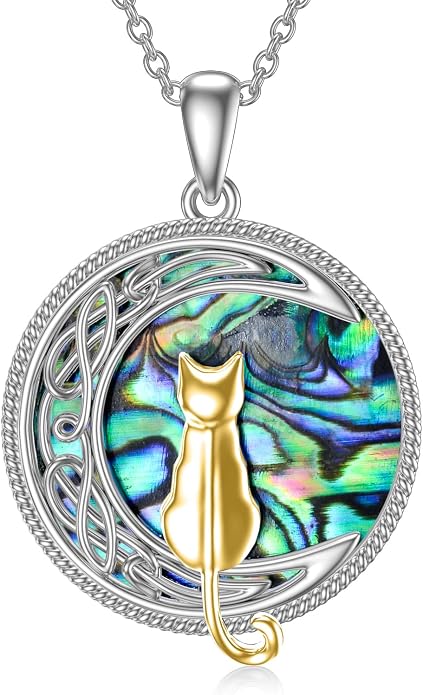 TOUPOP Cat Necklace Sterling Silver Abalone Shell Celtic Cat on the Moon with Abalone Shell Birthday Christmas Jewelry Gifts for Women