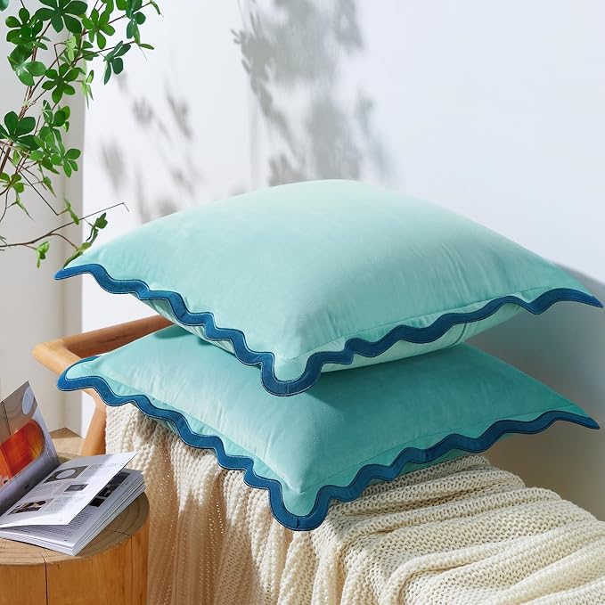 MONDAY MOOSE Decorative Throw Pillow Covers Cushion Cases, Set of 2 Soft Velvet Scalloped Wavy Edge Designs, Mix and Match for Home Decor, Pillow Inserts Not Included (20x20 inch, Blue/Light Blue)