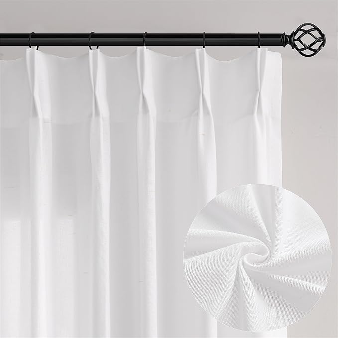 Pinch Pleat Linen Sheer Curtains 96 Inches Long 100 Inch Wide Ivory | Light Filtering Pleated, for Living Dining Room Patio Sliding Door, Extra Wide Drapes, Back Tab, 100 x 96 Curtain, Off White