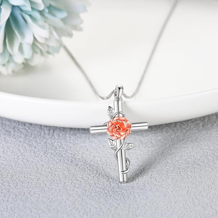 Flower Cross Necklace 925 Sterling Silver Carnation/Rose/Lily/Daisy Cross Necklace Birth Flower Jewelry for Women