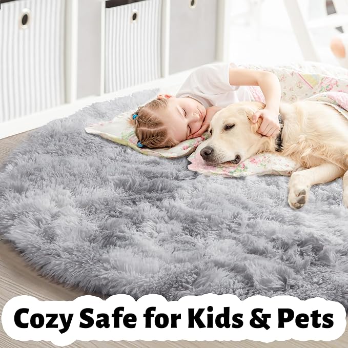 Amdrebio Tie-Dye Light Grey Round Circle Area Rugs 5Ft for Living Room Bedroom, Soft Fluffy Fuzzy Shag Rug for Kids Room Home Office, Furry Plush Indoor Floor Shaggy Gray Carpet for Baby Nursery Dorm