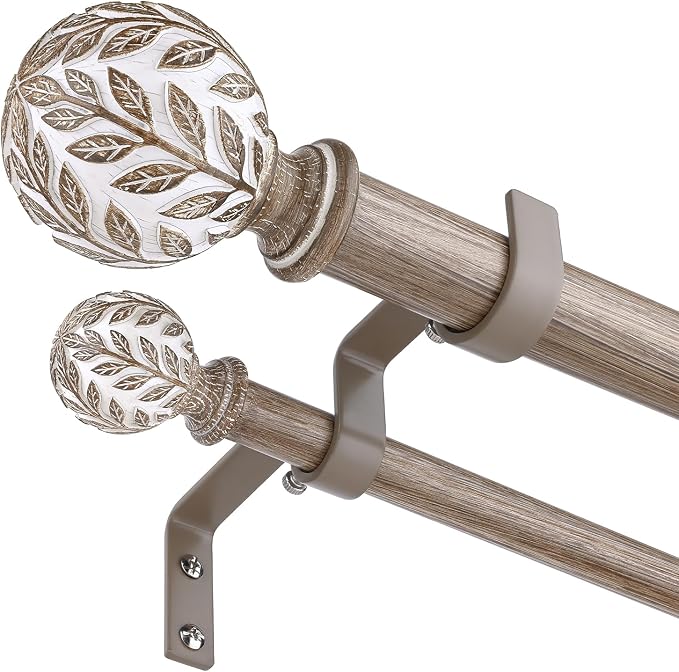 Boho Decorative Double Curtain Rod, 36-122 Inch, Weathered Wood | Handmade Wood Grain Leaf Finials, Heavy Duty Adjustable Long Rustic Metal Dual Layer Rods, 40 lb Capacity, Easy to Install