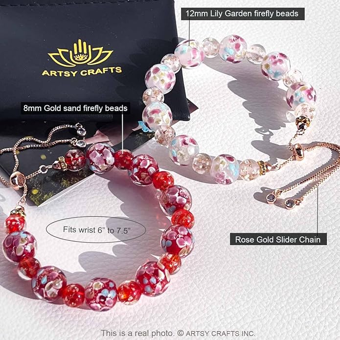 ARTSY Crafts Lily Garden Glow in the Dark Firefly Bead Bracelets Necklaces, Handmade in USA Murano Glass Jewelry, Flower Luminous Beads Mermaid Crystal Bracelet Bangle