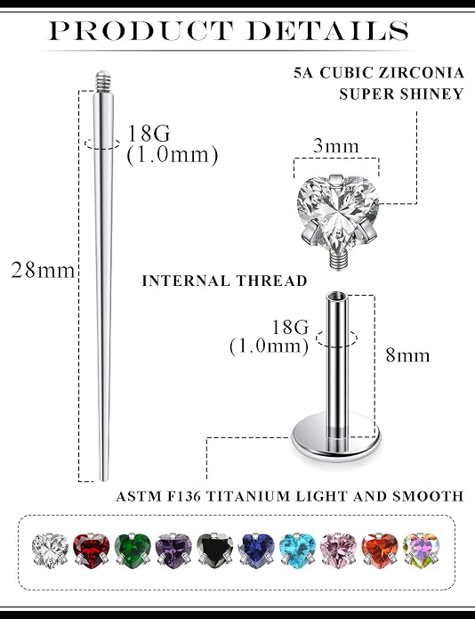 20G 18G 16G Astm F136 Titanium Internal Thread Flat Back Earrings Nose Studs Tragus Helix Conch Cartilage Lobe Earrings Medusa Labret Snake Bite Monroe Lip Ring Piercing Jewelry For Women Men