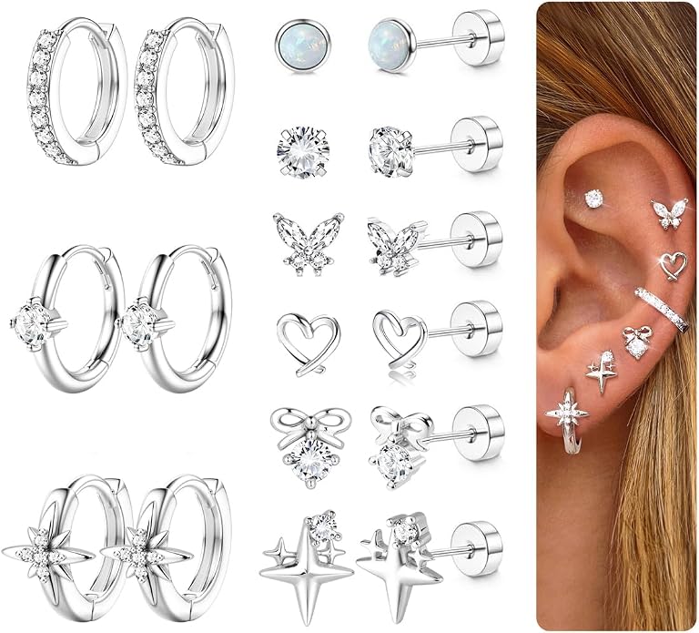 Kakonia Hypoallergenic Flat Back Earrings for Women Men Surgical Steel Earring for Sensitive Ears, 14K Gold Plated Stainless Steel Flatback Stud Hoop Cartilage Earring Stacks for Multiple Piercing