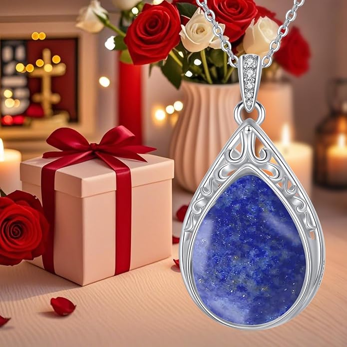 HPQQ Teardrop Necklace 925 Sterling Silver Filigree Gemstone Pendant Necklace Fine Jewelry Birthday Mother's Day Gifts for Women Her Mom
